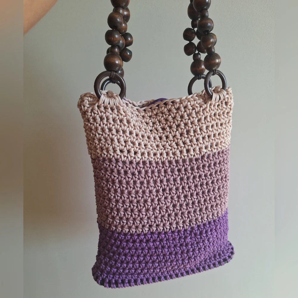 Elegant Crochet Shoulder Bag in Purple and Tan